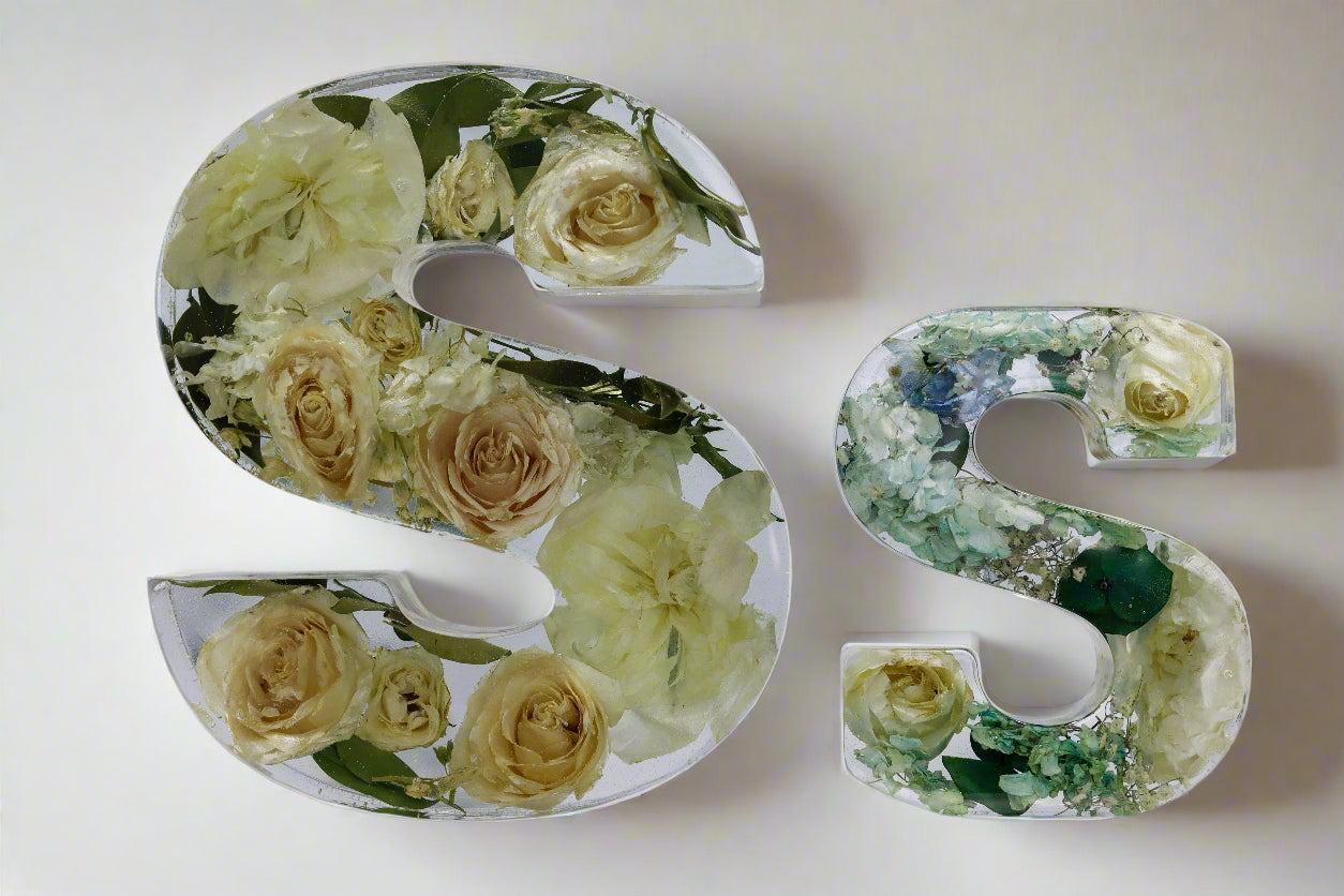 Bouquet Preservation Letters in 2 sizes to show the difference between 9-inch resin letter block and 6" epoxy letter block