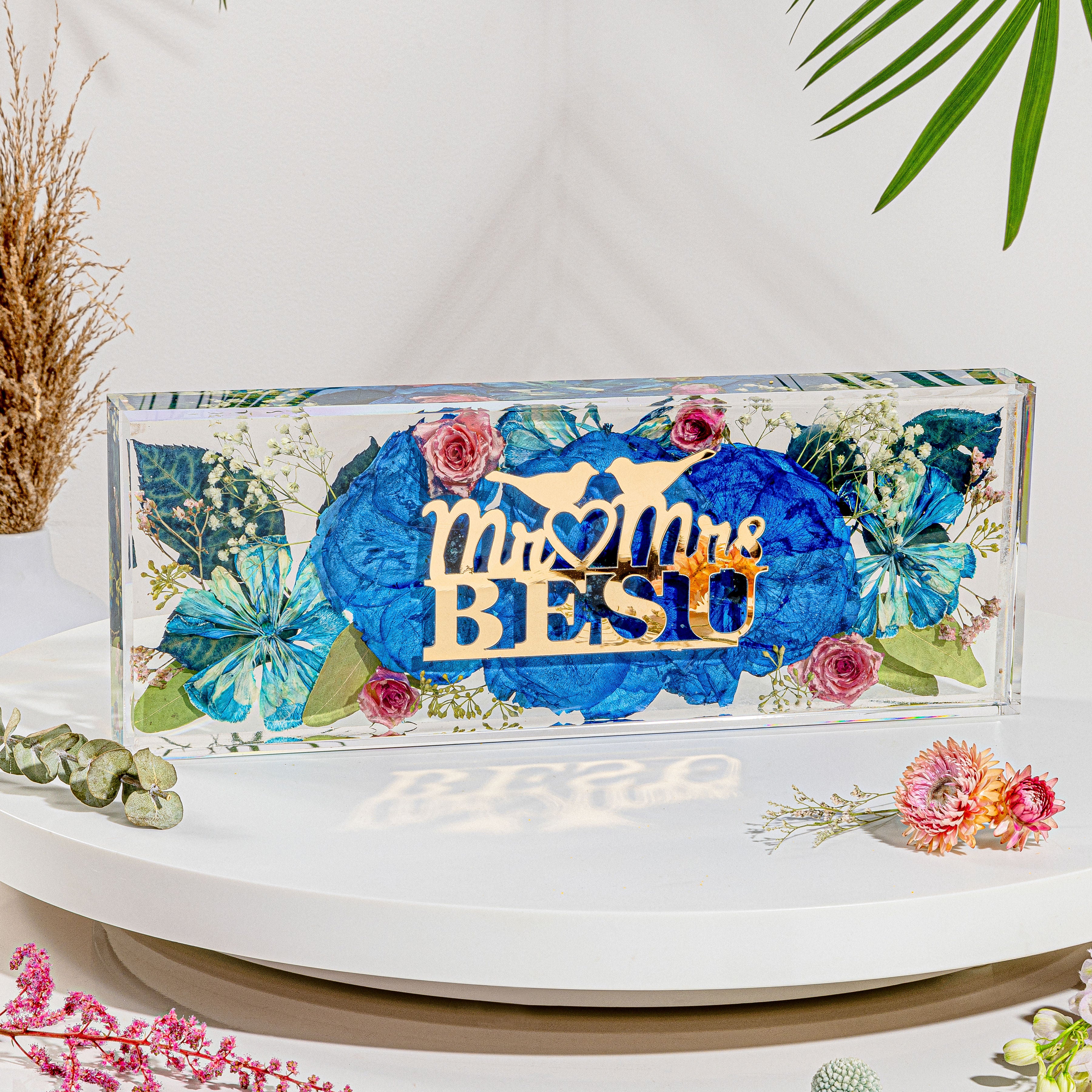 Resin Flower Preservation Wedding Cake Topper inside Mantel Bouquet Preservation Block