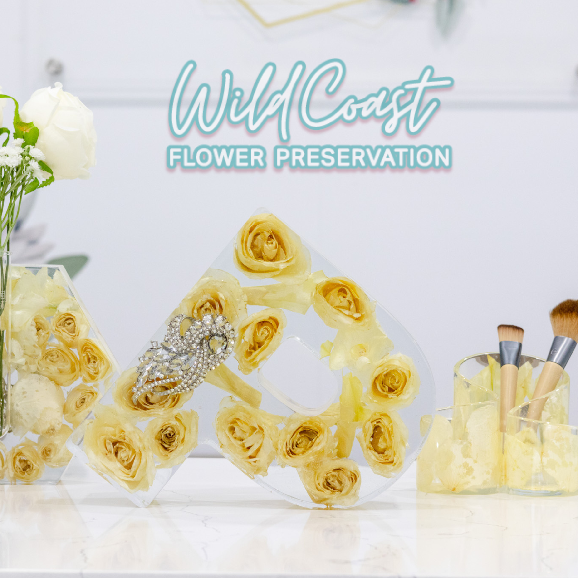 White bouquet preservation in letter P resin block