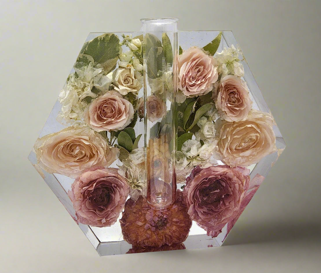 Pink Rose and Dahlia Hexagon Vase Flower Preservation