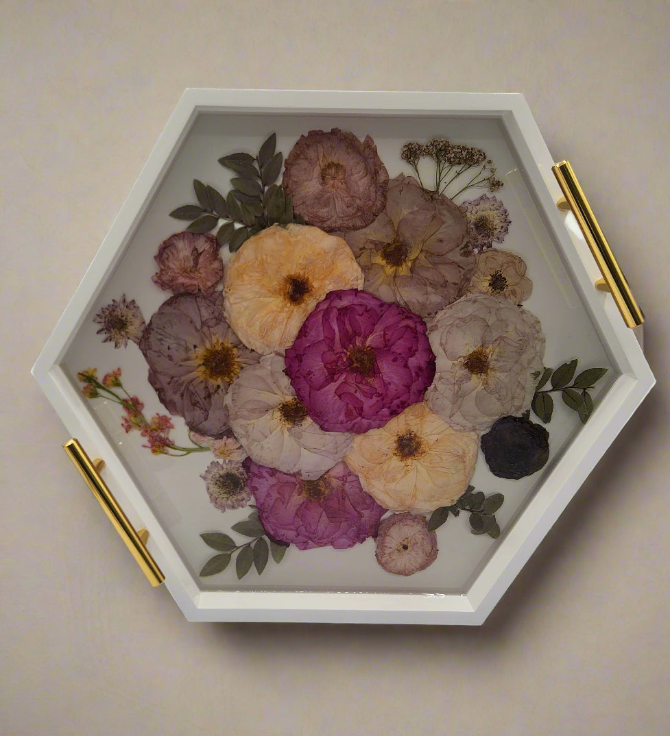 Pressed Flower Hexagon Ottoman Tray