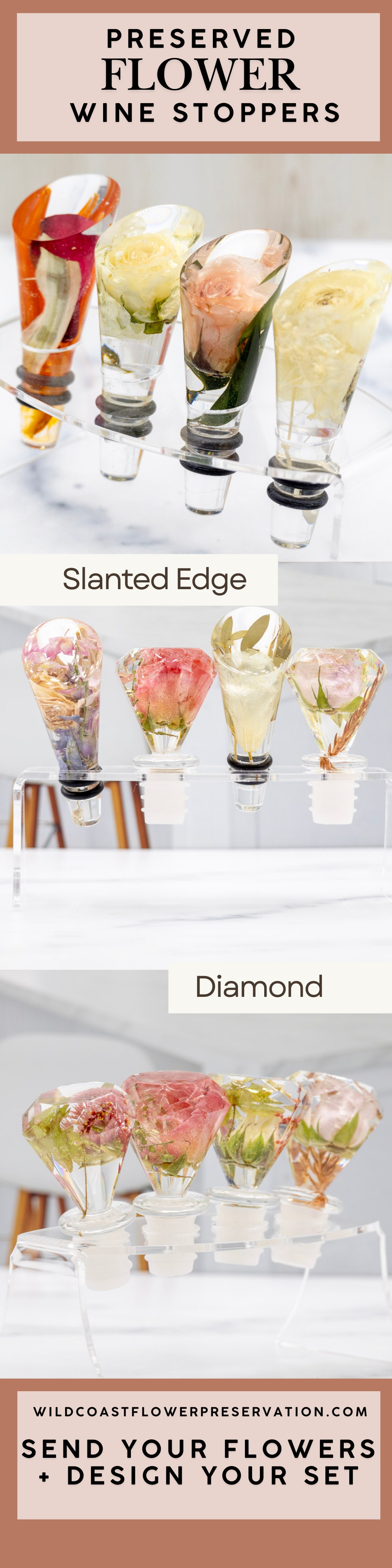 Preserved flower wine stoppers with slanted edge and diamond designs on a white background.