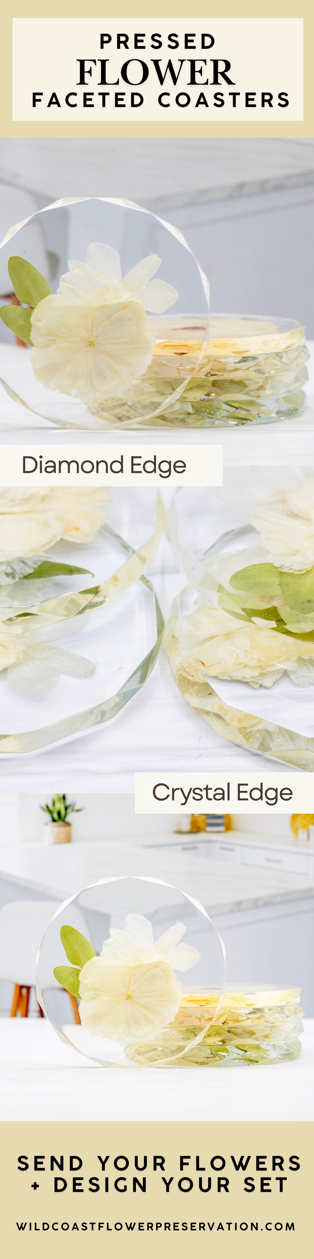 Wild Coast Flower Preservation Pinterest tall graphic featuring pressed flower diamond edge coasters