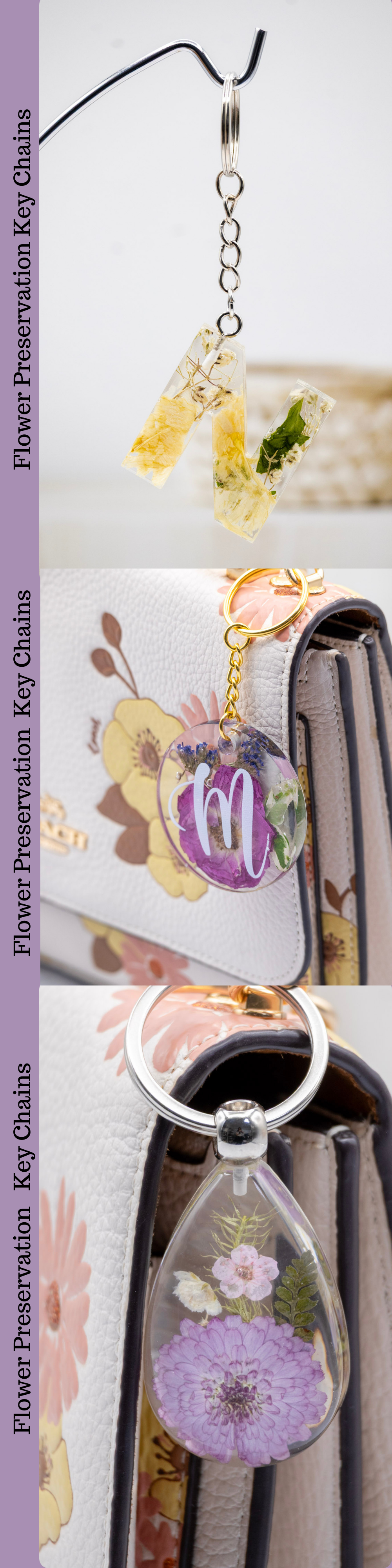 Flower preservation key chain with floral design on a white background