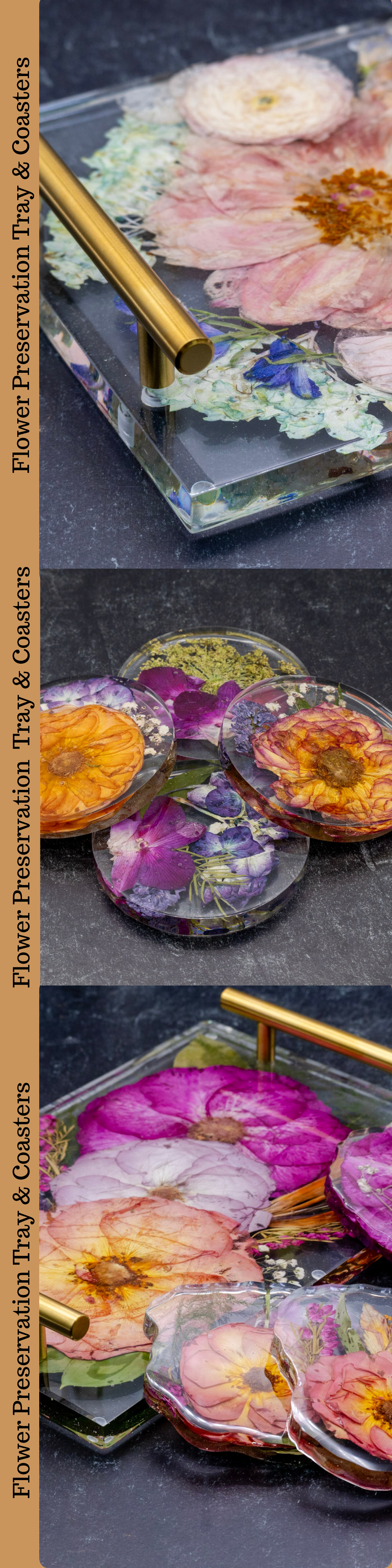Flower preservation tray with dried flowers on a dark background