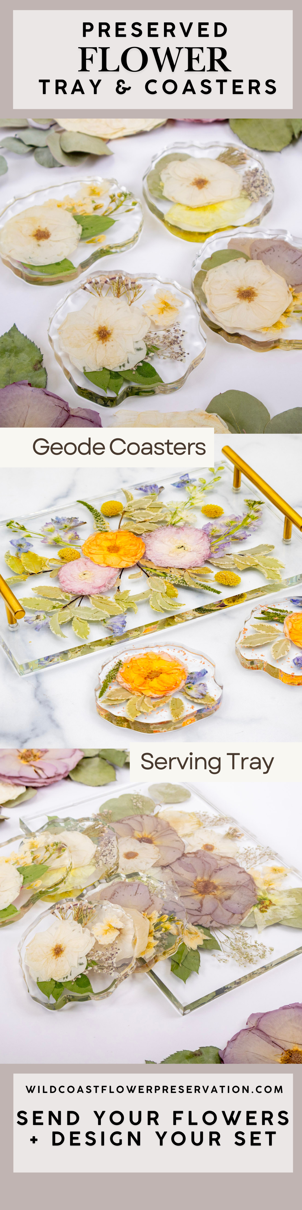 Preserved flower tray and coasters with a variety of flowers on a white background.
