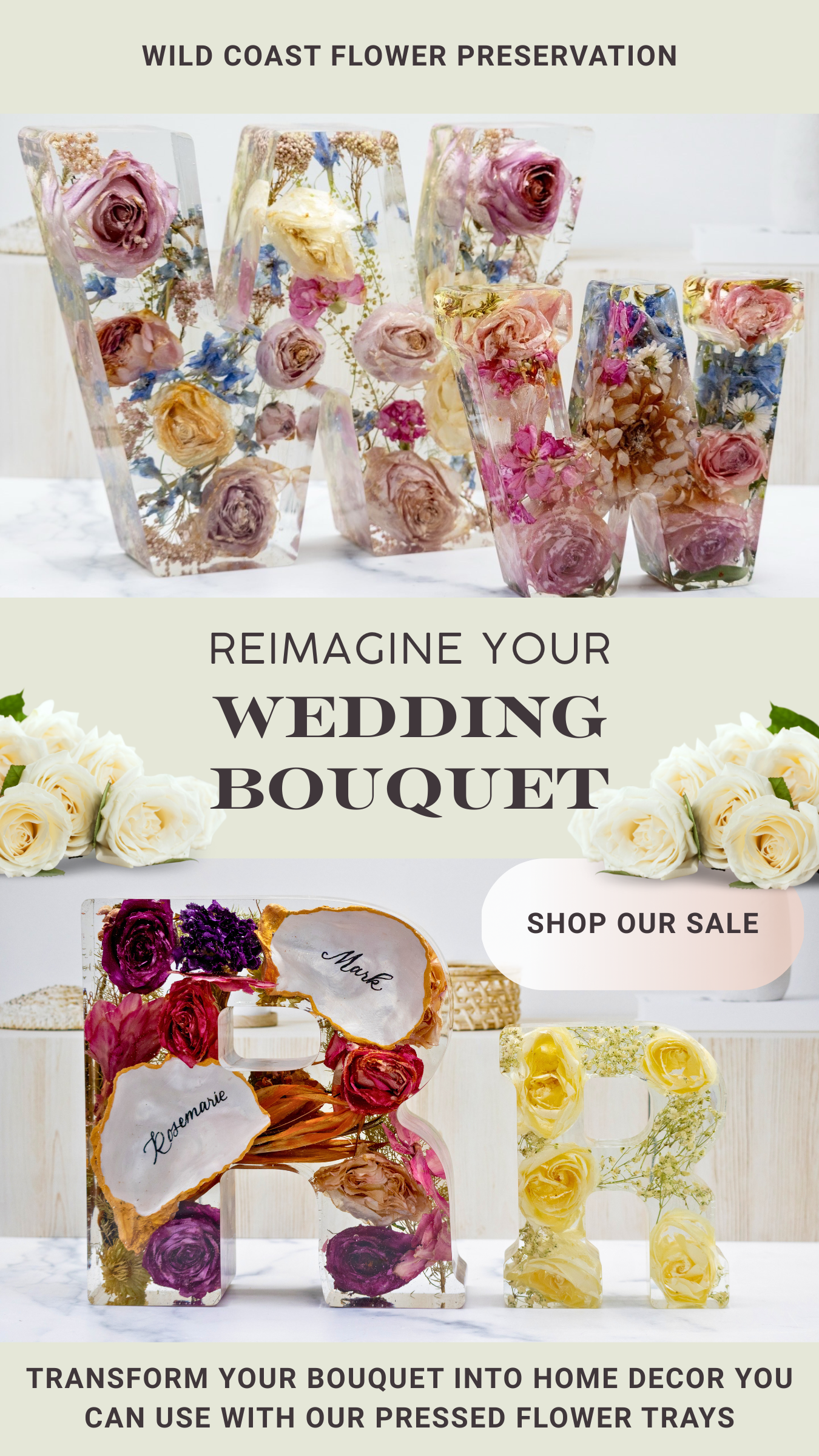 Whole flower preservation letter block sizes on display next to each other showing the size difference