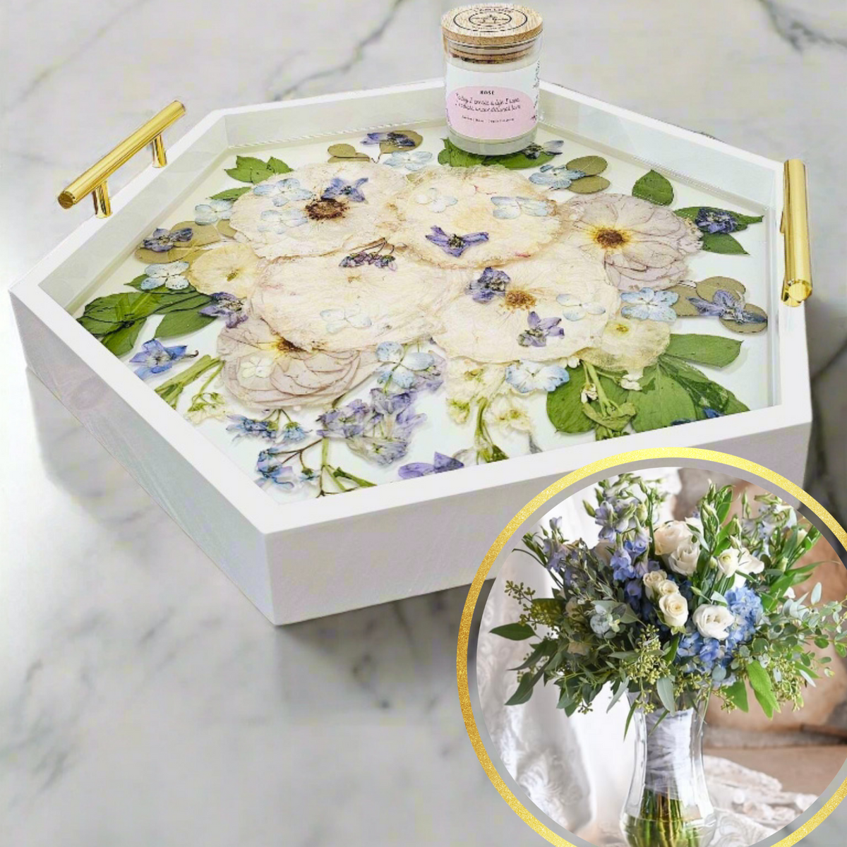 Hexagonal ottoman tray with pressed flowers and a small bottle on a marble surface, with text overlay about wedding flower preservation ideas.