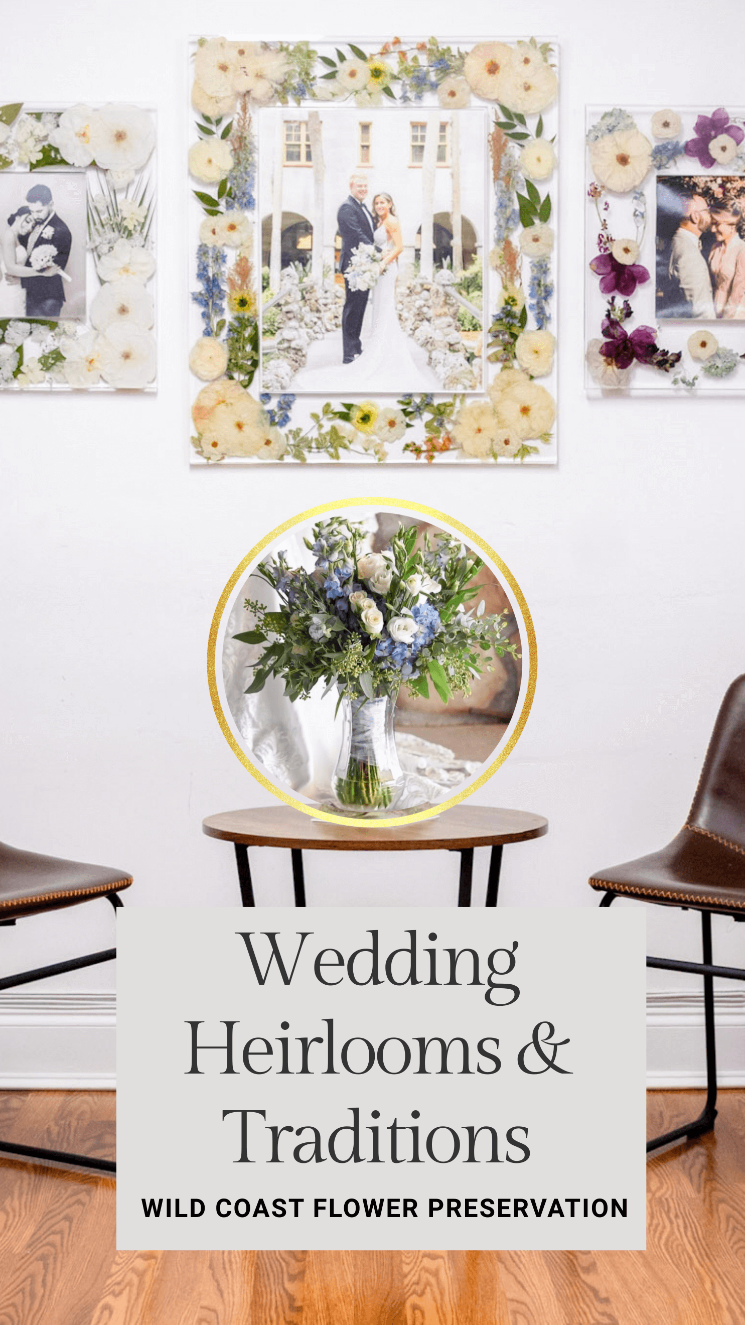 Collage of wedding photos and floral arrangements with 'Wild Coast Flower Preservation' text.