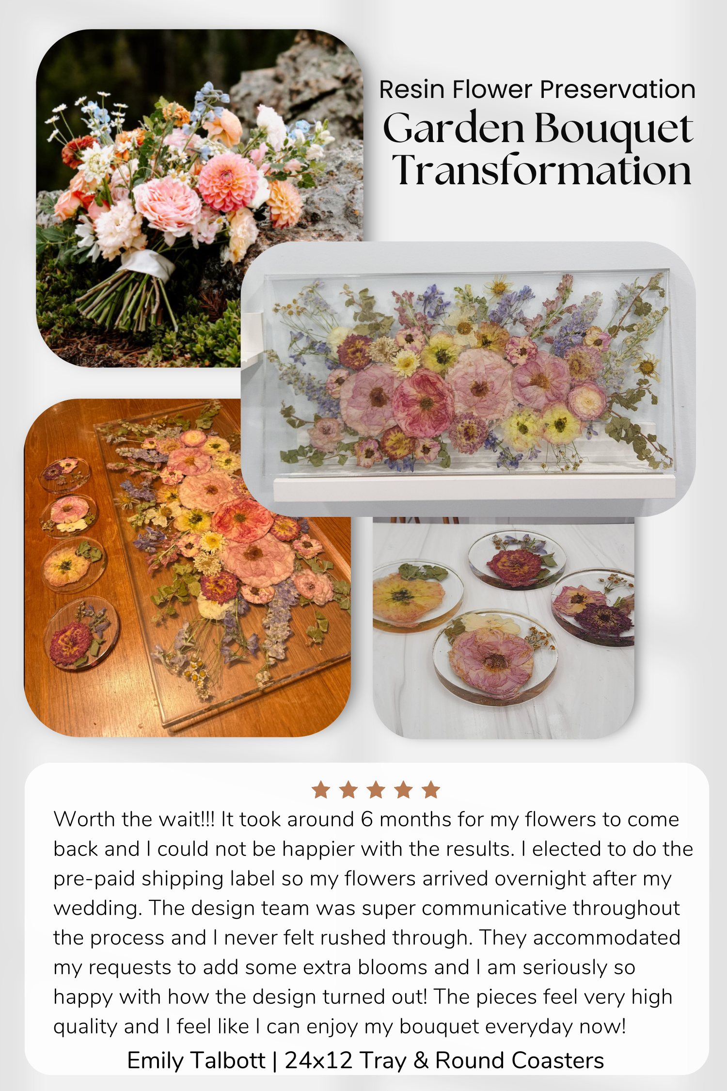 Resin flower preservation garden bouquet transformation with a tray and coasters. Pressed Flower wall art in epoxy resin and set of 4 floral coasters