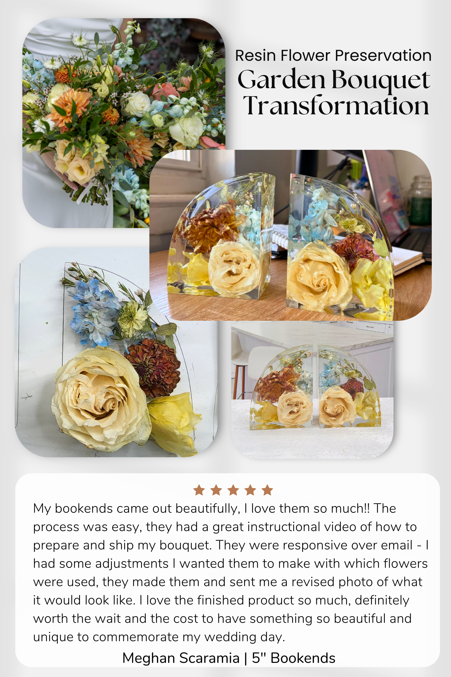 Resin flower preservation garden bouquet transformation with customer review text.