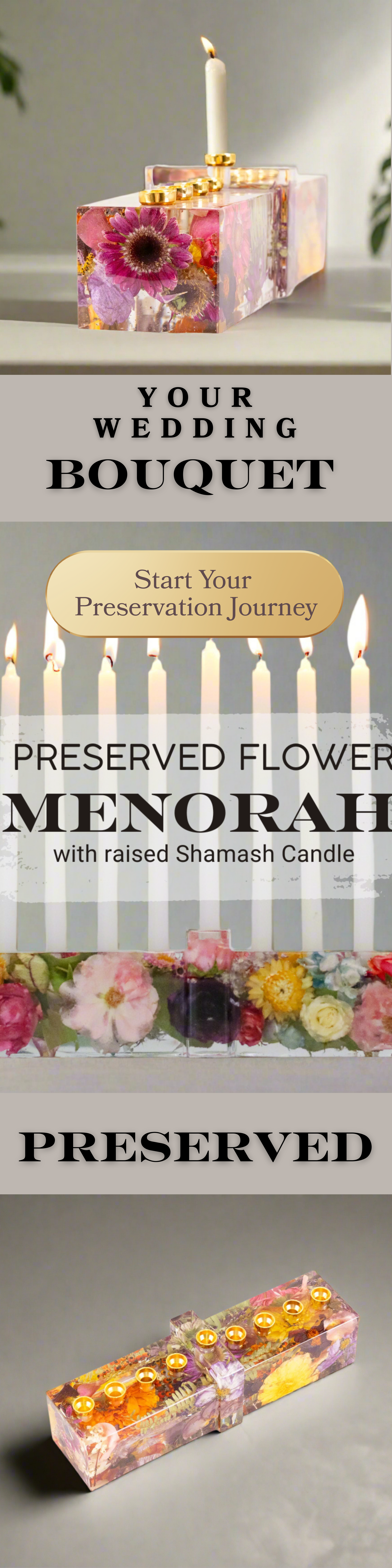 Preserved flower menorah with raised shamash candle on a gray surface