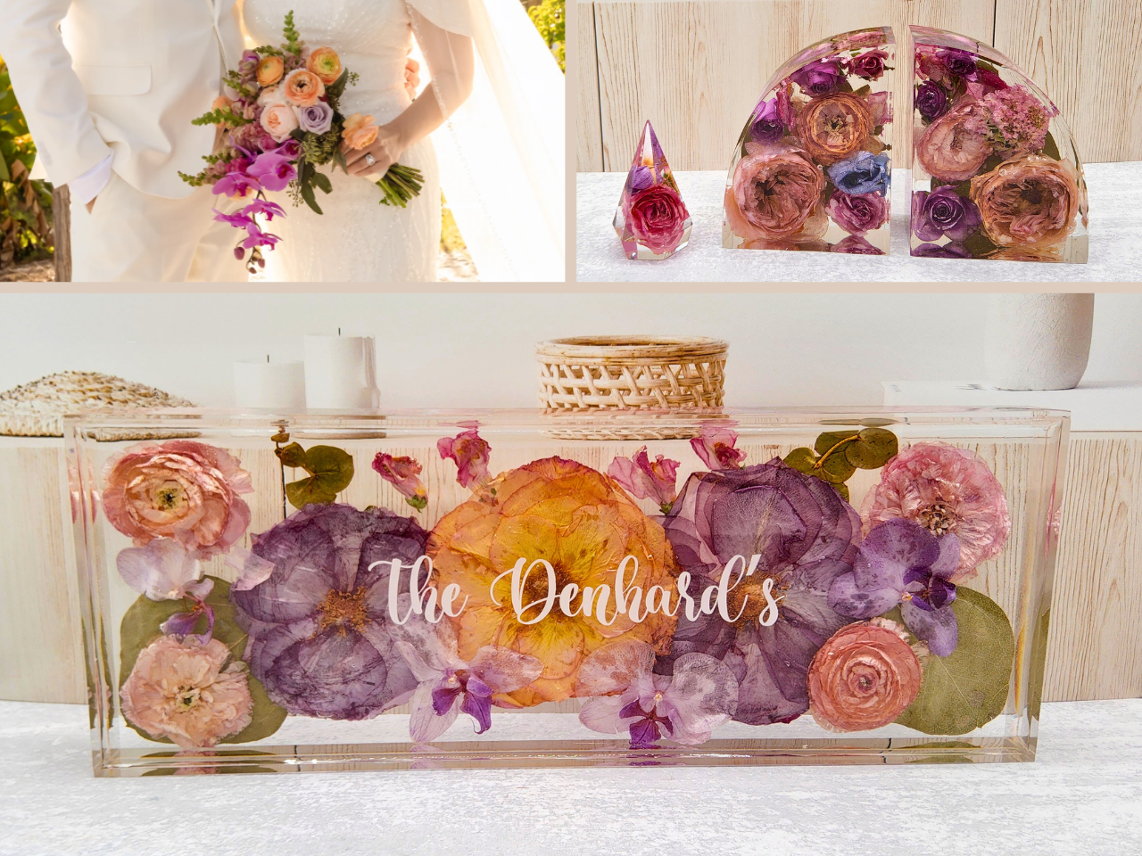 Before and after transformation of fresh wedding bouquet and the resin ring holder, bookends and name block made with her tropical wedding flowers