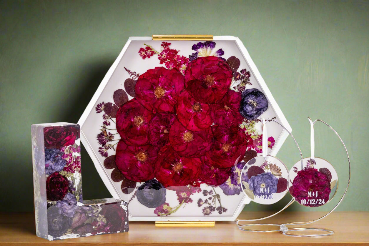 Bouquet Preservation Ornaments Tray and Letter Block made with epoxy resin