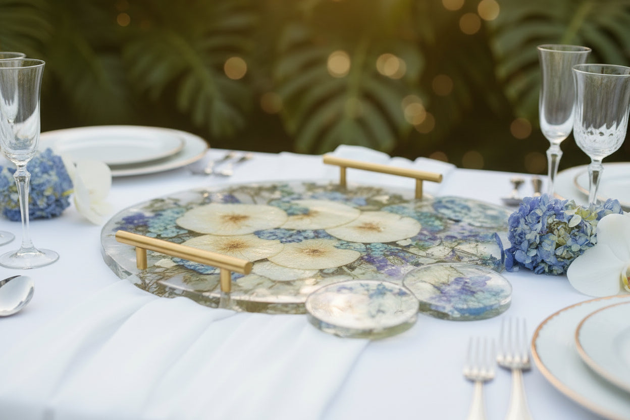 Wedding style photoshoot of this clear resin tray and coaster set in a tropical wedding setting