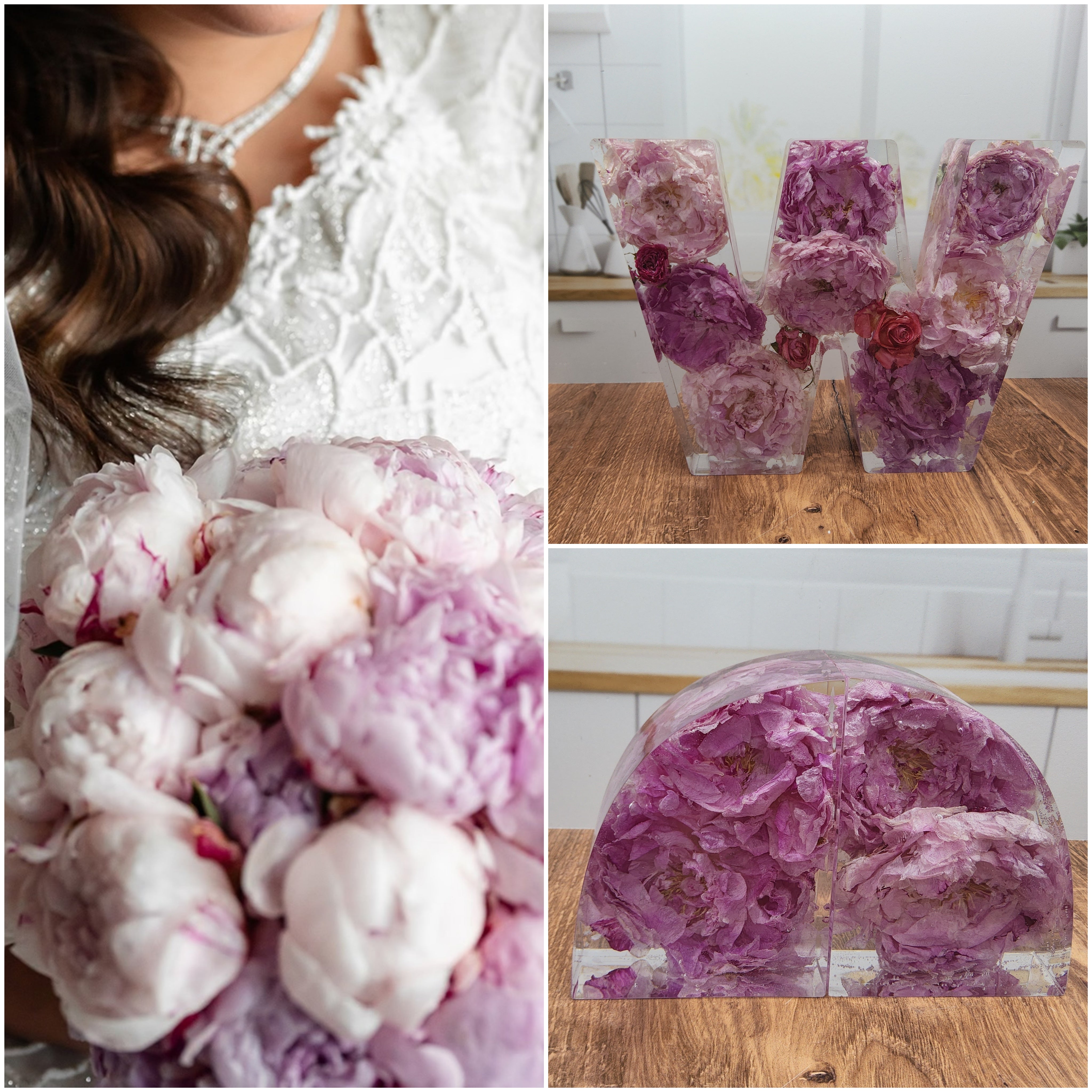 Before and after bouquet transformation of pink peony bouquet preservation letter W and 5-inch bookend set in resin