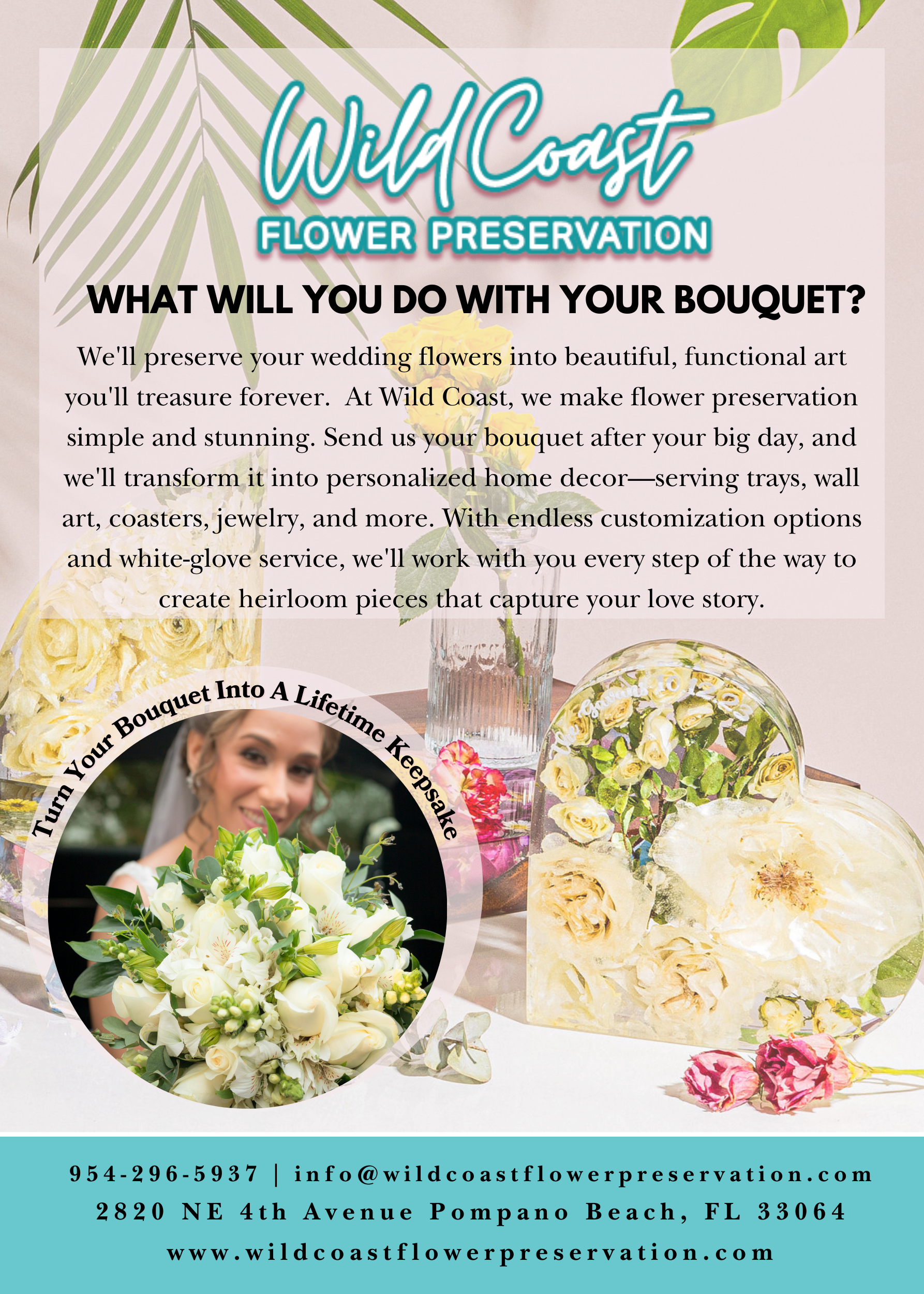 Advertisement for Wild Coast Flower Preservation with text and images of preserved bouquets.