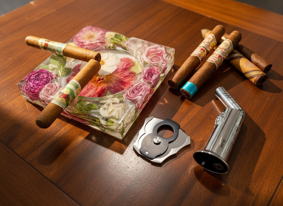 Preserved Flower Cigar Ashtray Luxury Handcrafted Resin Ashtray 4 Cigar Rest Premium Floral Gift for Men Groomsmen Gift Executive Office Decor