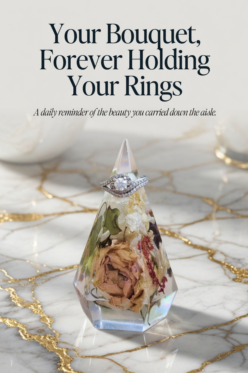Faceted resin ring holder with preserved wedding roses and greenery, cradling a diamond ring on a gold-veined marble surface.