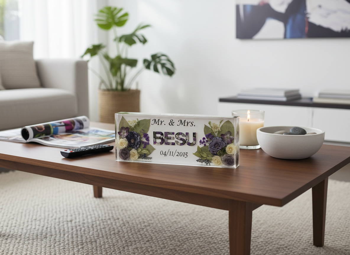 Dried Flower Custom Sign with Last Name in flower letters. Wedding Day keepsake on a brown coffee table in livingroom