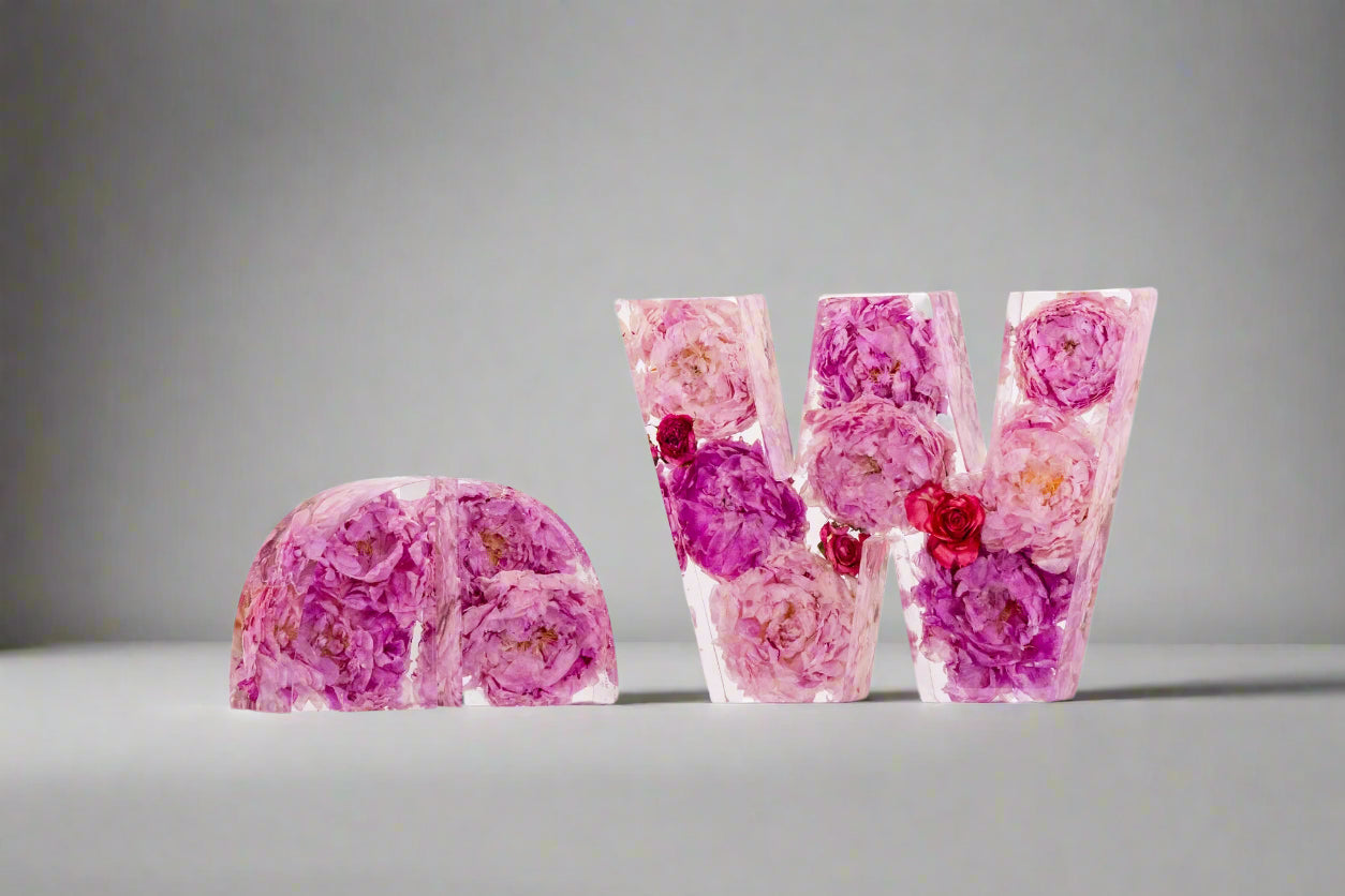 pink peony bouquet preservation bookends and resin letter 'W' block