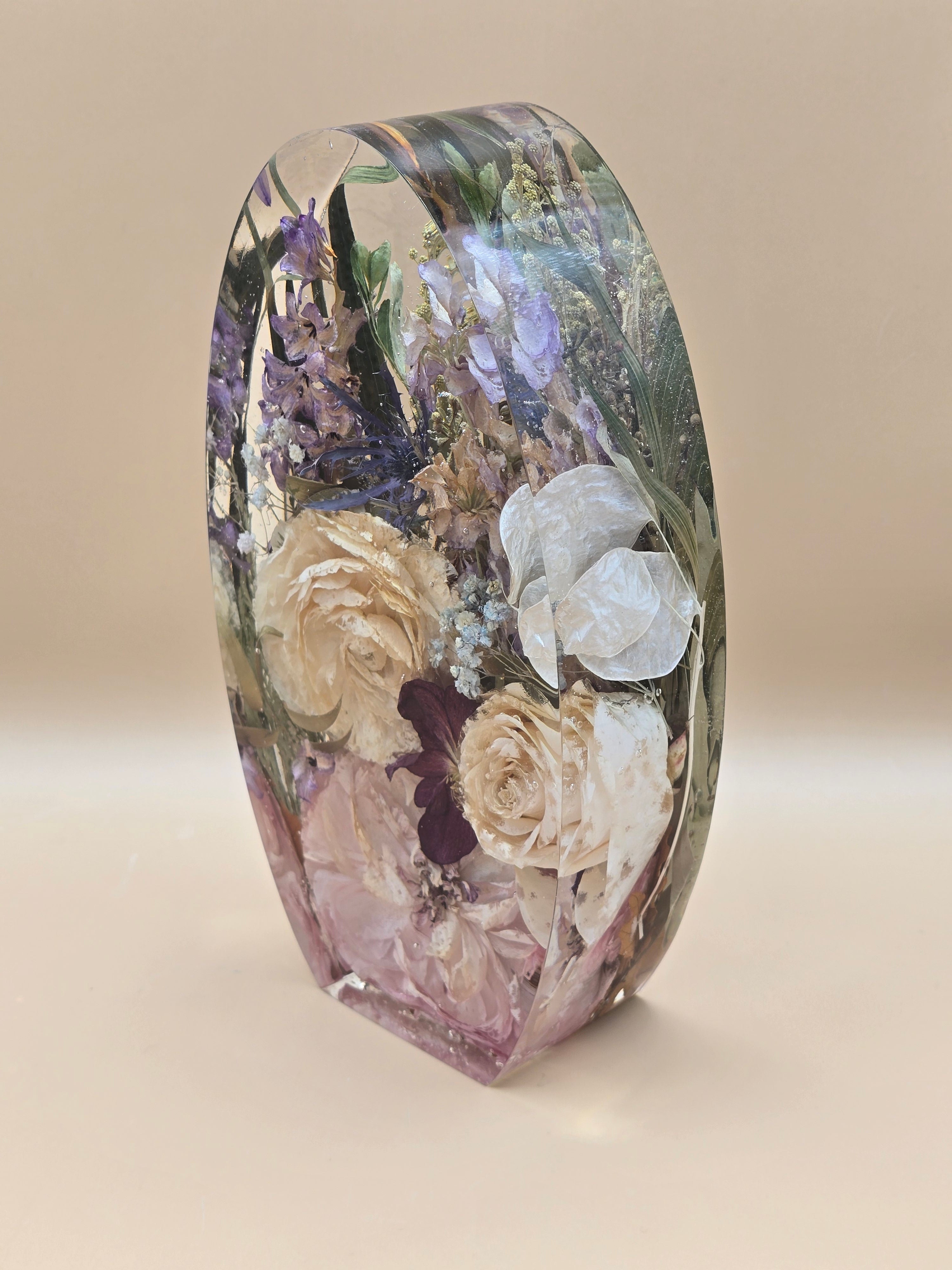 Side view of premade oval resin flower preservation display