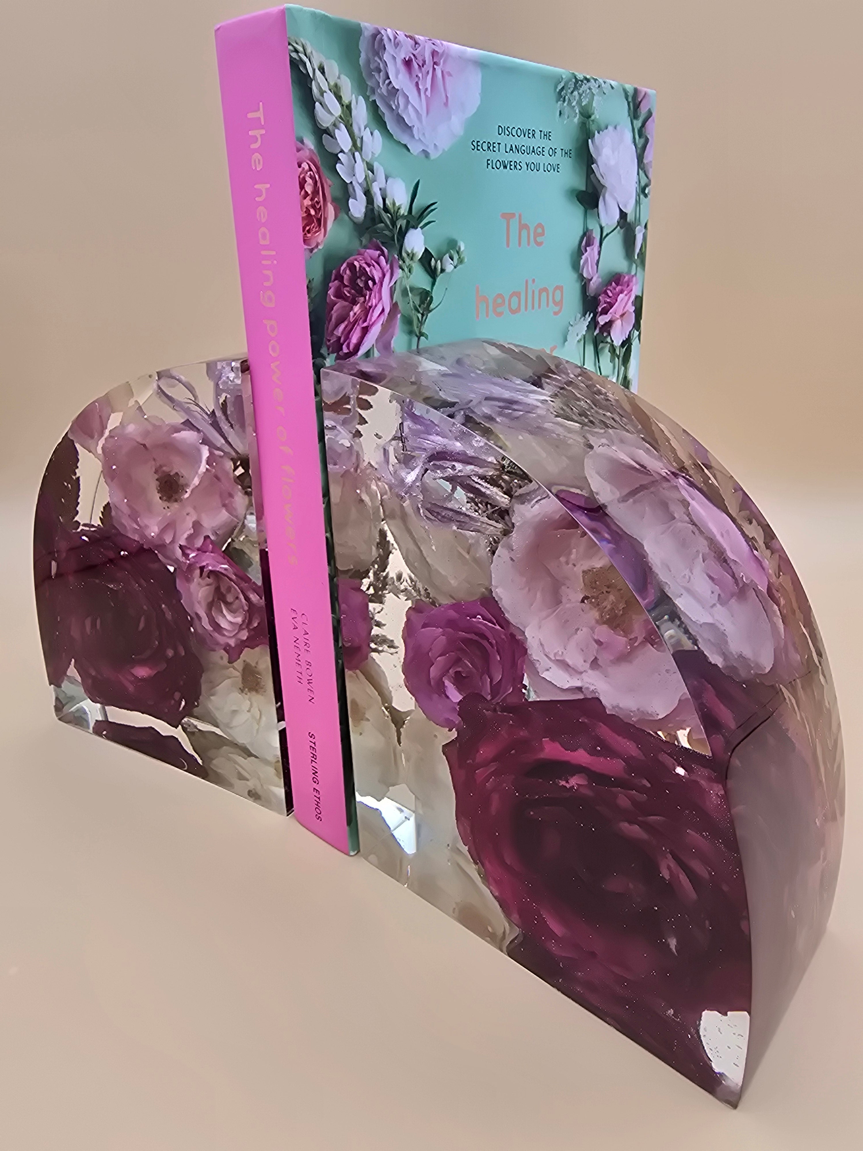 Other side view of premade resin preserved flower bookend home decor gift