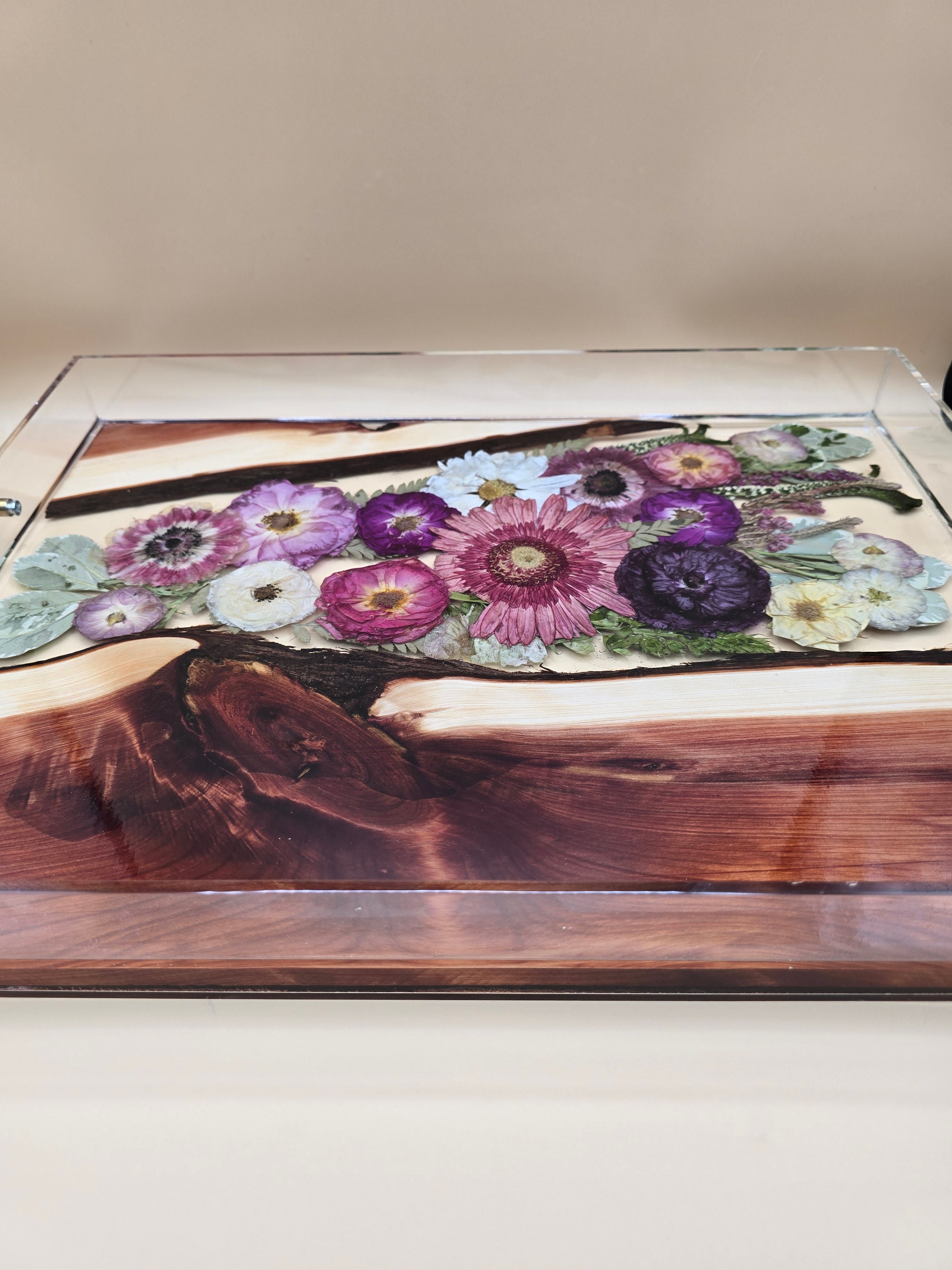 Premade preserved flower serving tray with wood and crystal-clear resin, pressed blooms, and engraved vow text. Ready-to-ship serving tray gift.