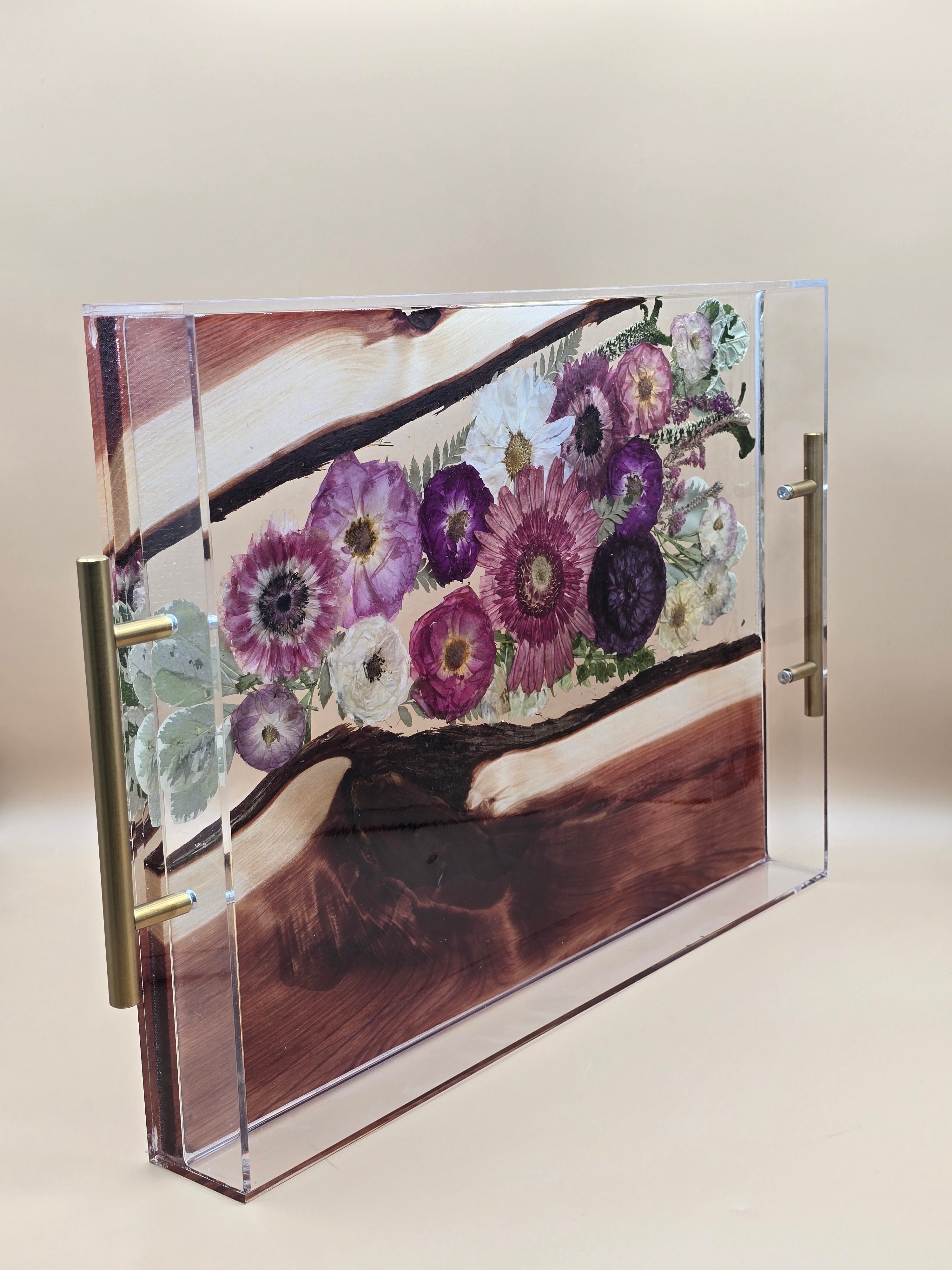 Premade preserved flower charcuterie board with wood and resin, pressed roses, ranunculus, and daisy. Ready-to-ship serving tray gift.