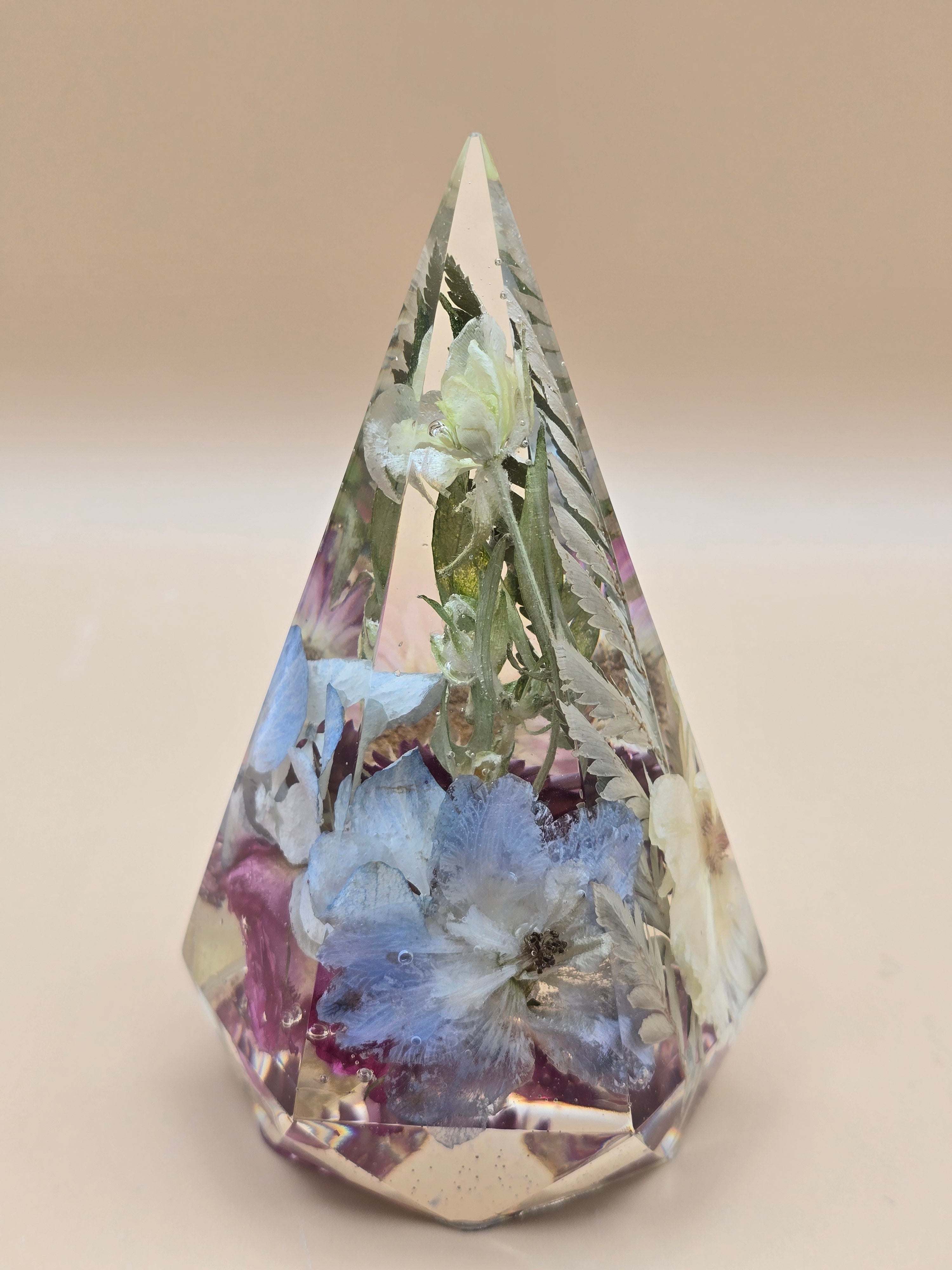 Premade faceted preserved flower ring holder (4.5” tall) in crystal-clear, UV-resistant resin. Ready-to-ship ring stand and preserved flower gift.