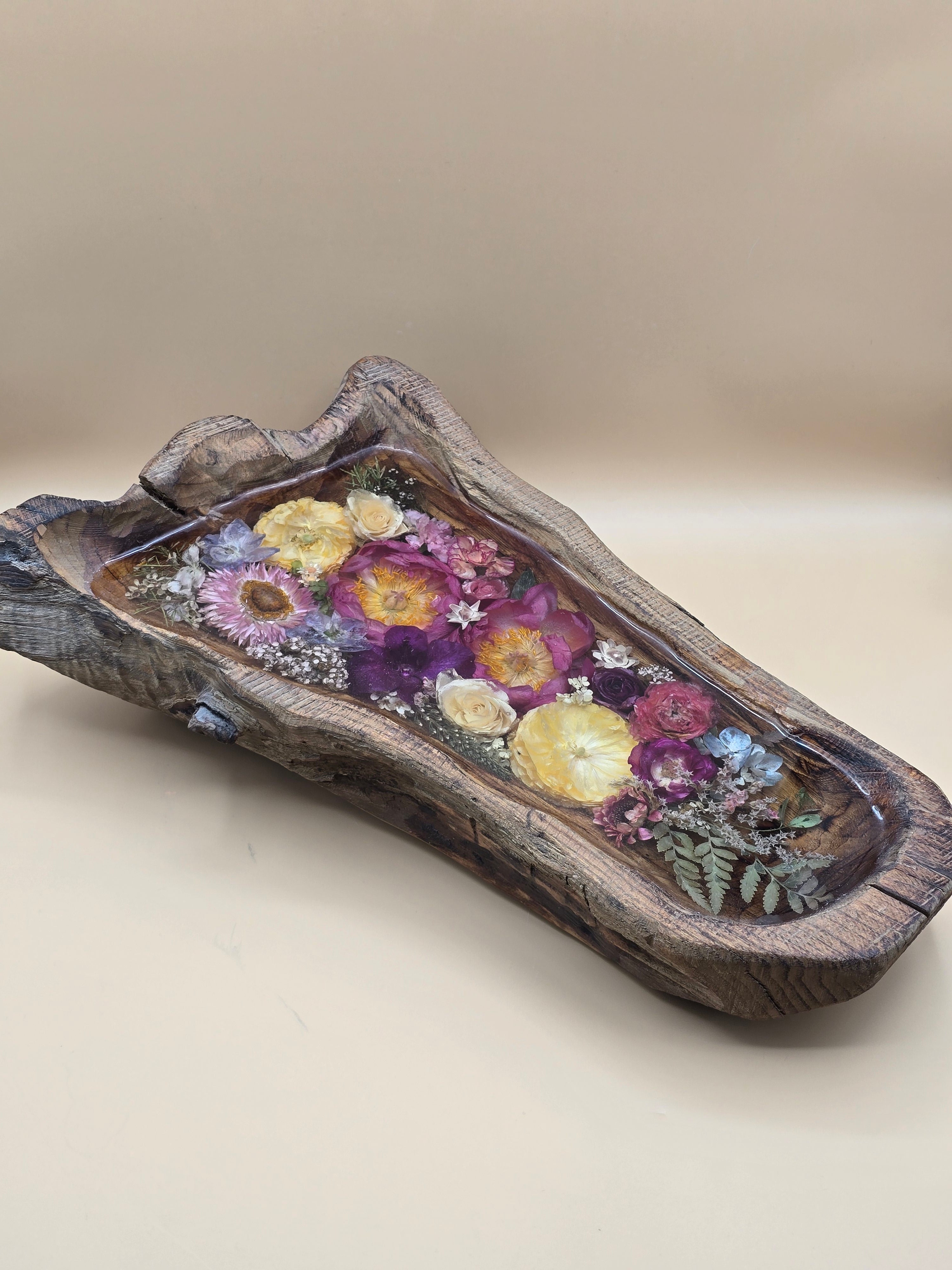 Live Edge Preserved Flower Wooden Basin filled with colorful roses, ranunculus, peony and strawflowers.