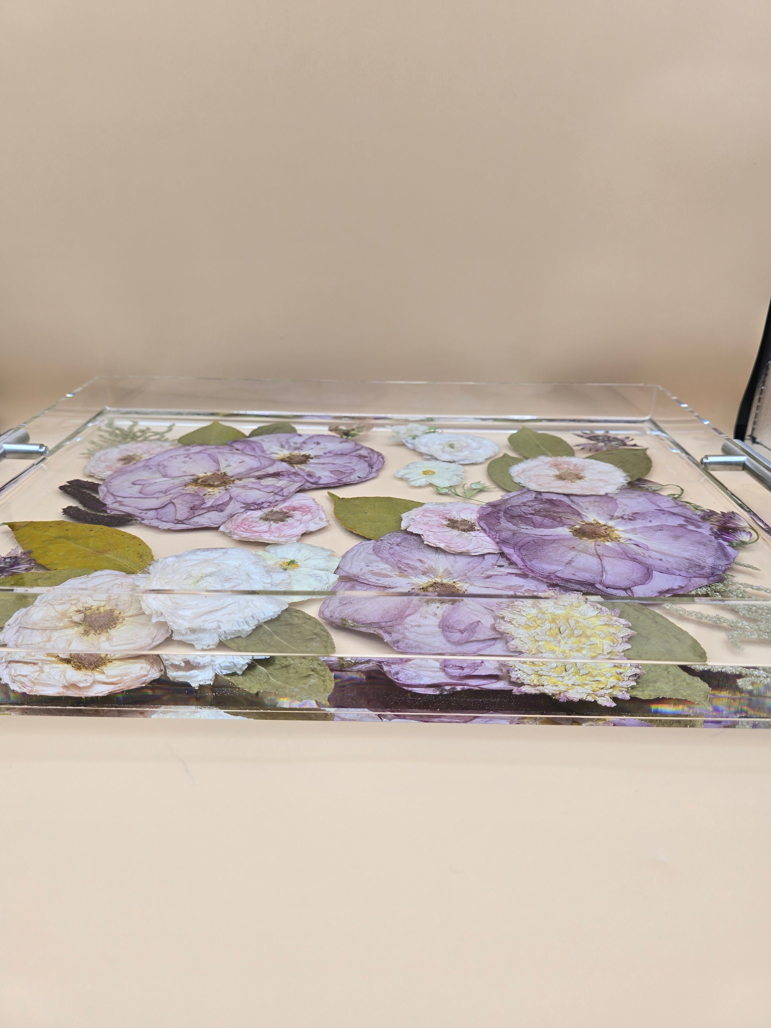 Side view Premade 12x16 purple and pink preserved flower tray with pressed blooms in crystal-clear resin. Ready-to-ship floral serving tray home decor.
