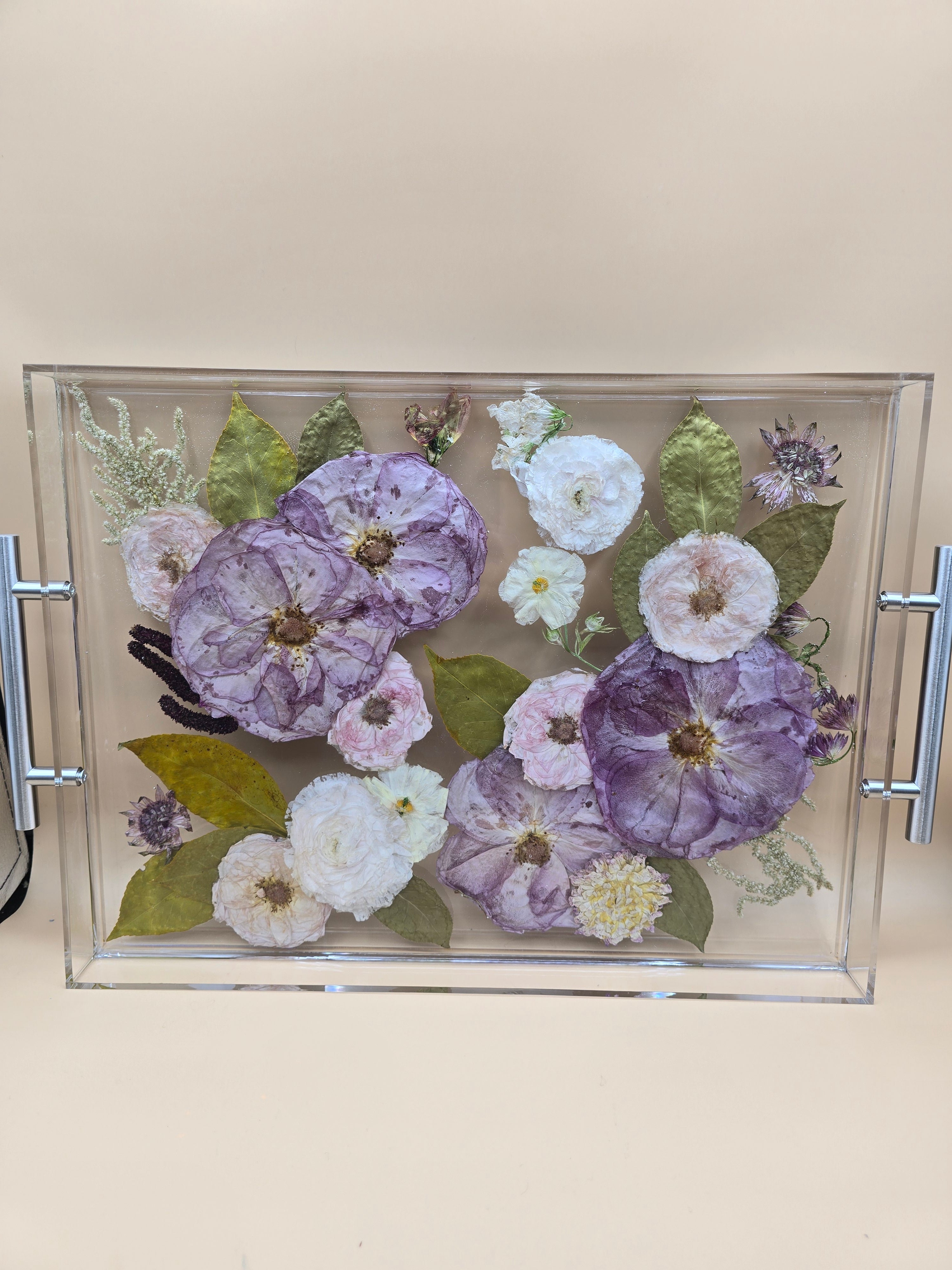 Premade 12x16 purple and pink preserved flower tray with pressed blooms in crystal-clear resin. Ready-to-ship floral serving tray home decor.