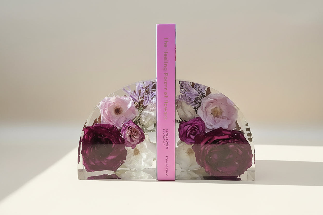 clear resin bookend with preserved flowers encased holding a book in natural lighting