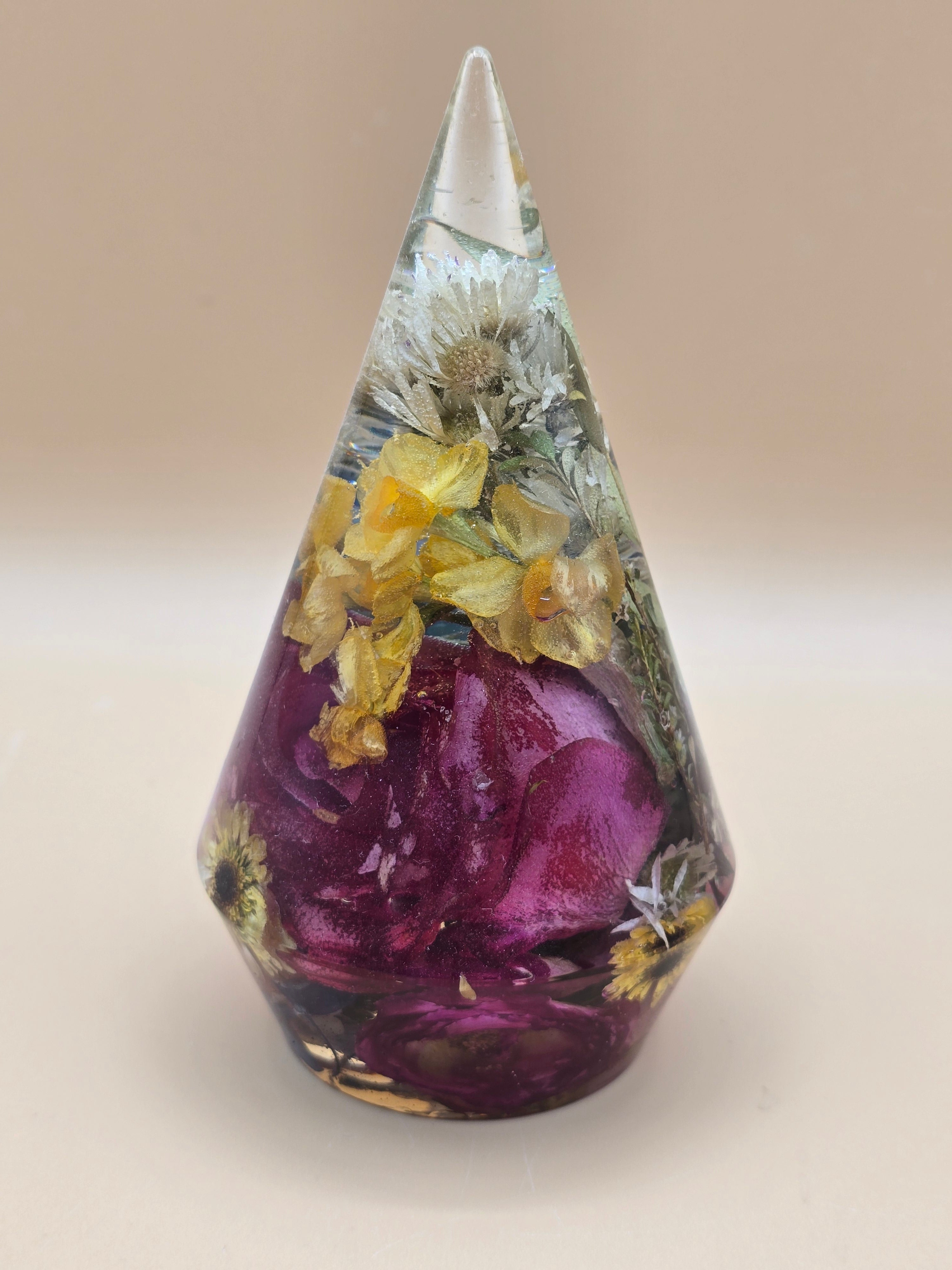 Premade Pink rose and yellow daffodil 6-inch preserved flower ring holder with whole blooms in crystal-clear resin. Holds up to 7 rings. Ready-to-ship jewelry display and gift.
