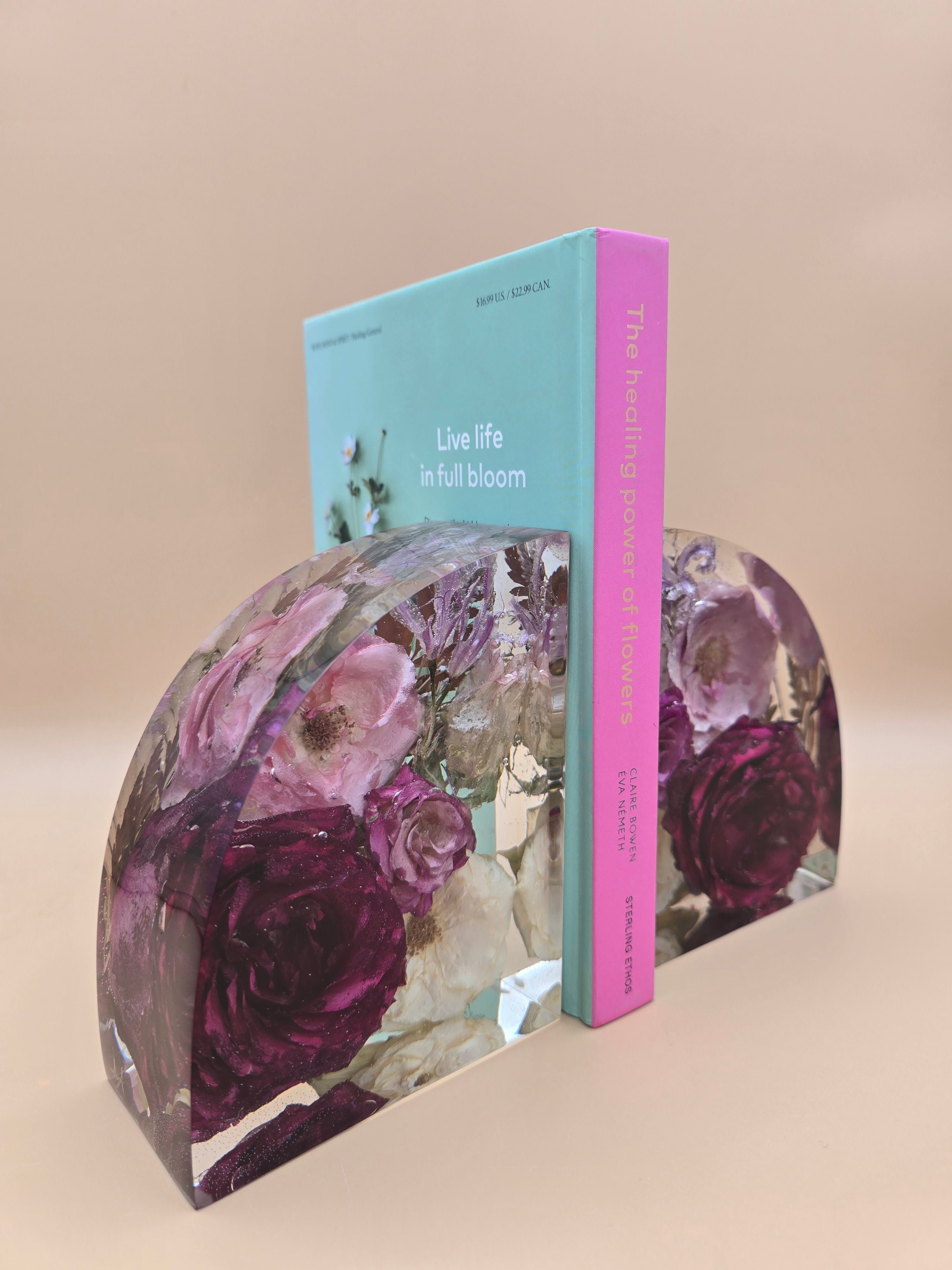 Side view of premade resin preserved flower bookend home decor gift