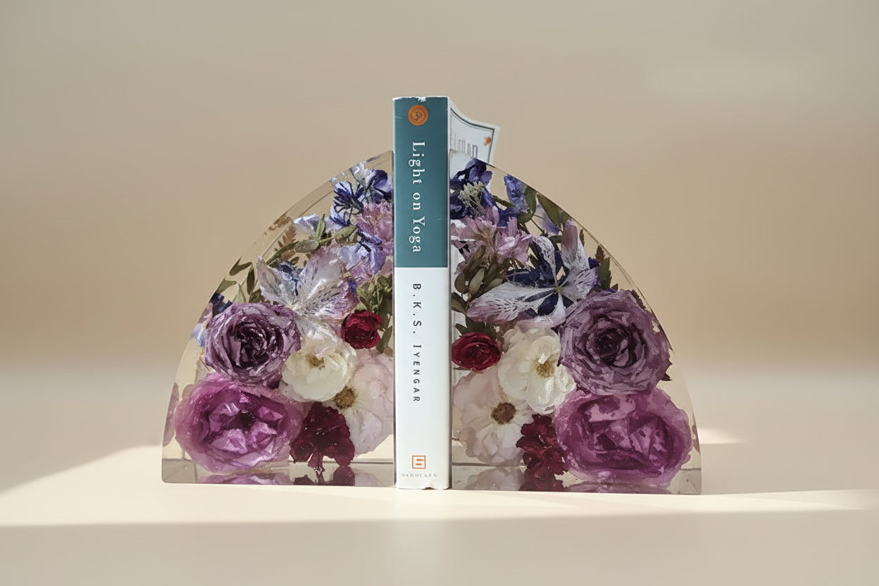 Resin flower preservation bookend set made with bouquet preservation dried flowers in natural lighting