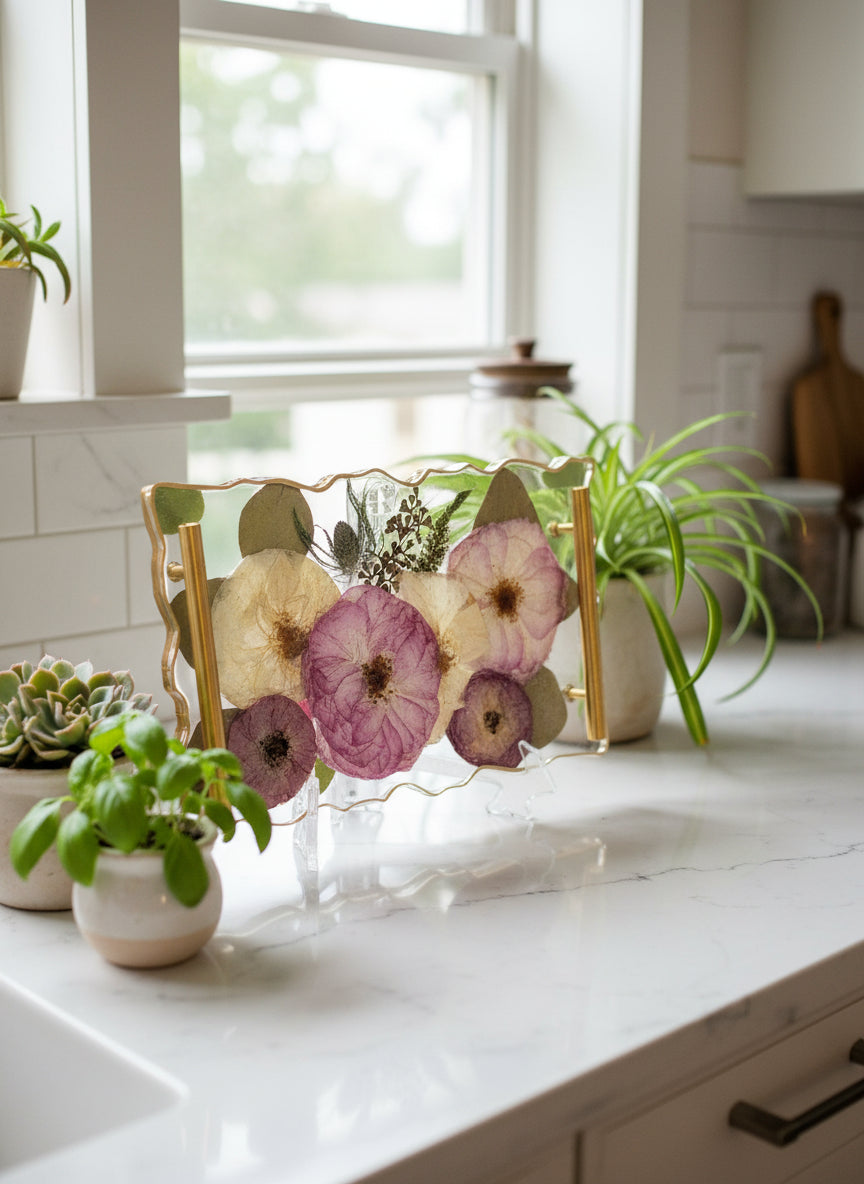 Wedding Preservation resin geode tray on a bright kitchen counter near window with plants