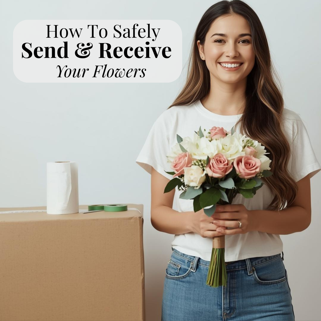 Photo of a young woman with a bouquet of flowers and shipping supplies to send the flowers in the mail. Text written, "how to safely send and receive your flowers" for bouquet preservation