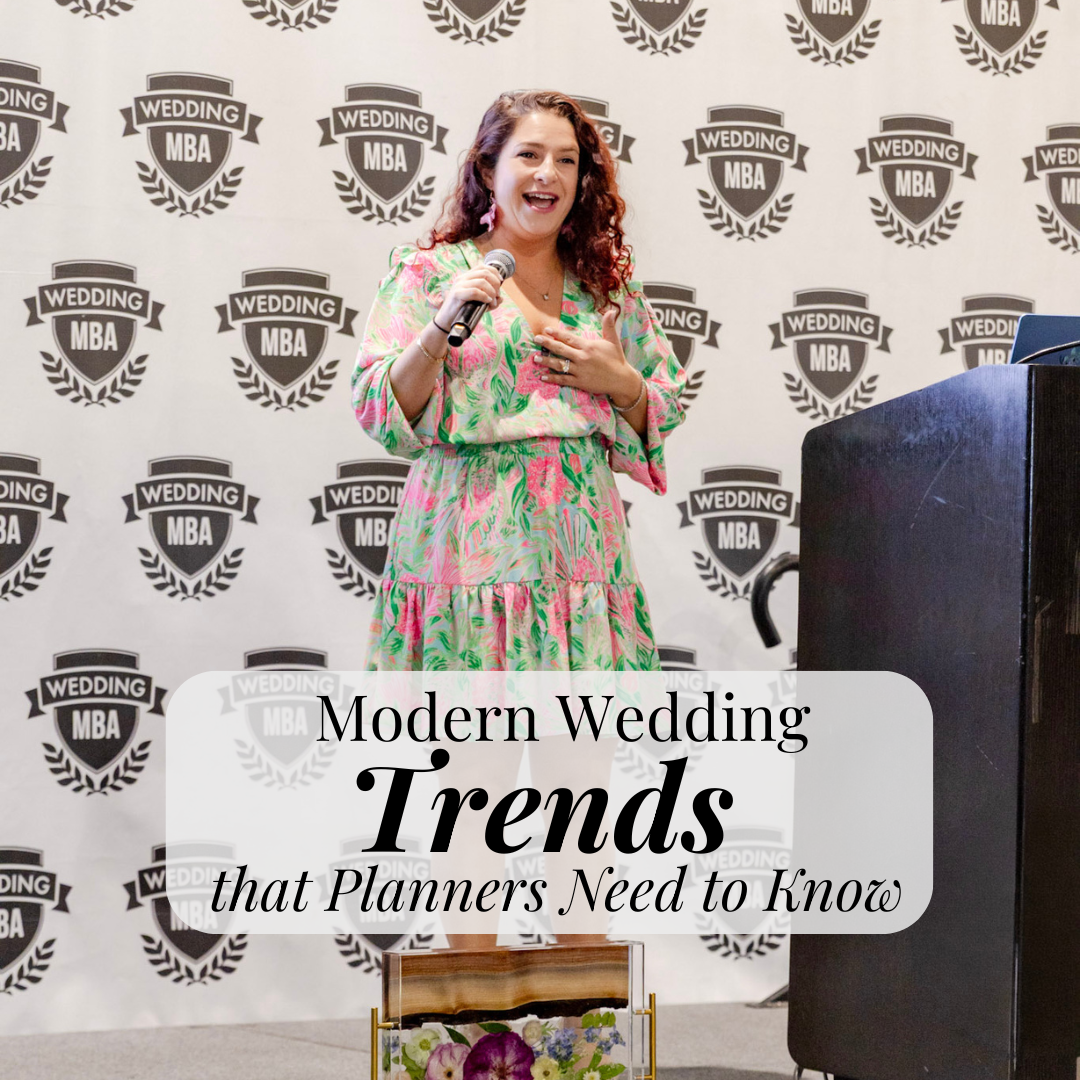 Owner of Wild Coast Flower Preservation giving a presentation at the Wedding MBA Convention in Las Vegas on stage with a microphone and image banner that reads Modern Wedding Trends that Planners Need to Know