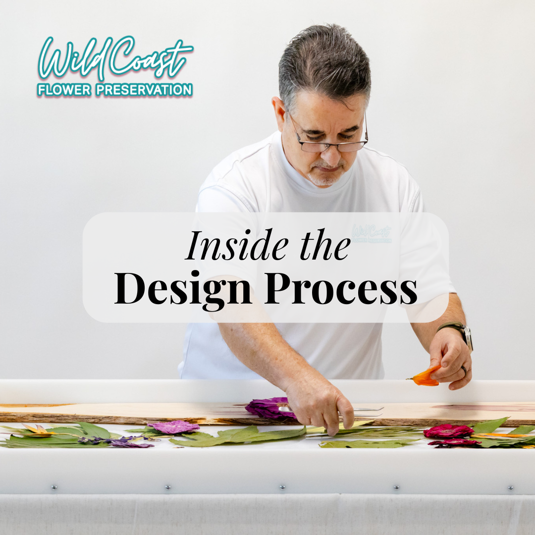 Wild Coast Flower Preservation Design Team creating an order with pressed flowers in a 40x27 frame mold with text "Inside the Design Process"