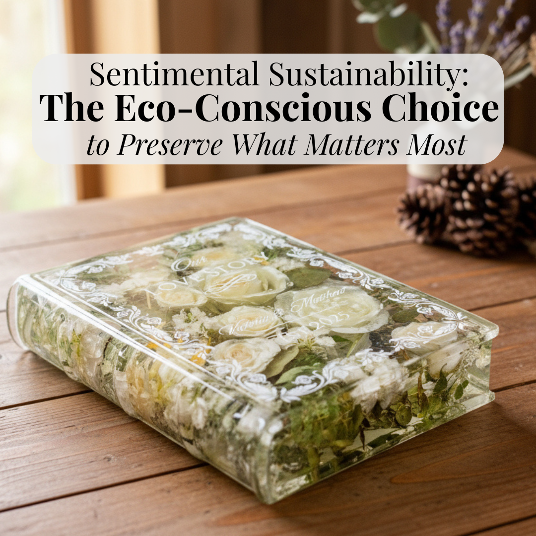 Preserved Flower bookend shaped like a book with white rosed dried and preserved in epoxy resin on a wood table with text Sentimental Sustainability: The Eco-Conscious Choice to Preserve What Matters Most