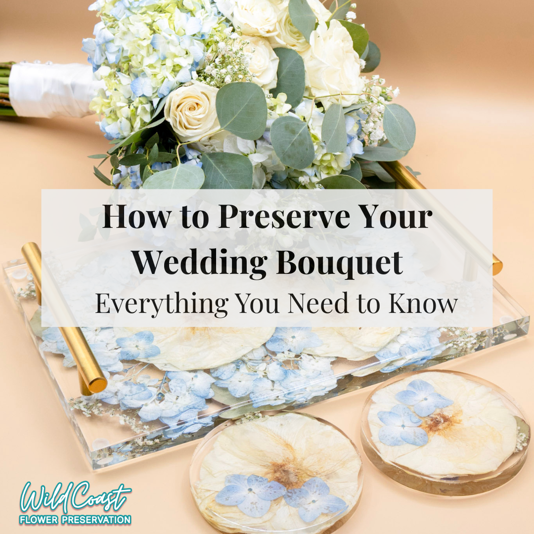 Blue hydrangea and white rose wedding bouquet turned into a pressed flower preservation serving tray with gold handles and set of 2 round resin flower coasters