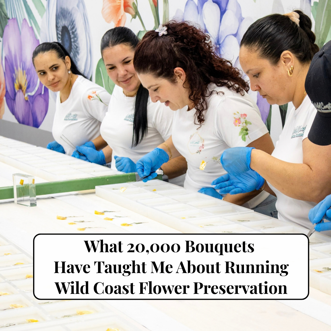Wild Coast Flower Preservation team working together in the studio after preserving more than 20,000 bouquets.