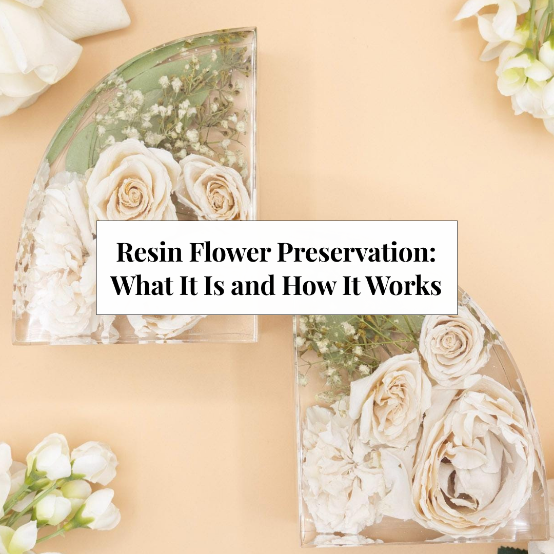 Resin Bookends with Preserved Wedding Bouquet White Flowers with Color Correction on a beige background with fresh flowers and the blog title
