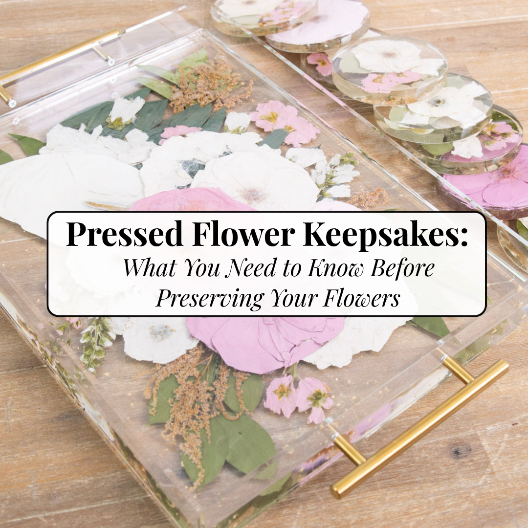 A pressed flower serving tray and coaster set with color correction service and text about flower keepsake blog