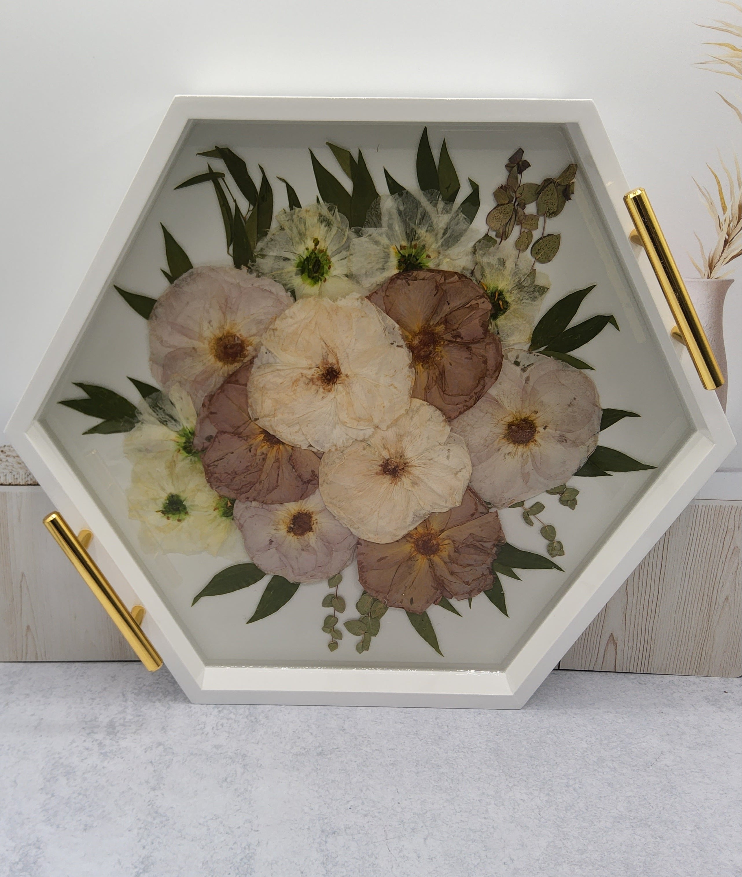 Pink and purple rose bouquet preservation in a white wood pressed flower hexagon ottoman tray with gold handles