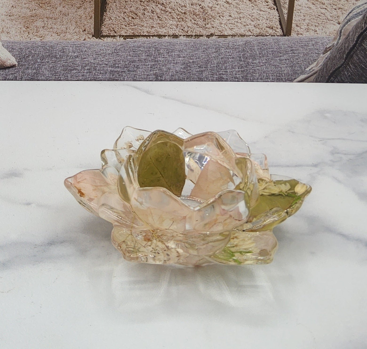 Bridal bouquet lotus ring dish with pressed flowers suspended in crystal clear resin for wedding keepsake