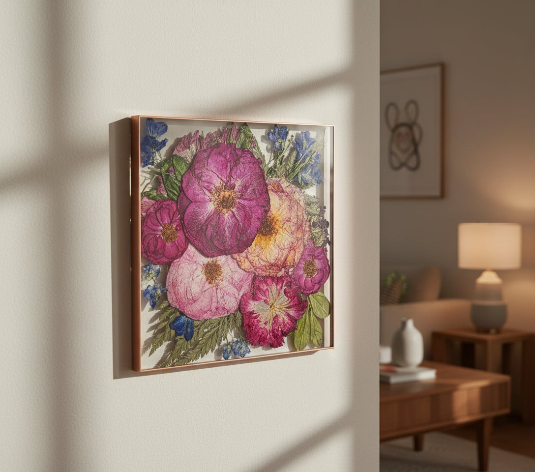 pressed flower resin art flower preservation 10x10 floating frame with rose gold painted edge hanging on wall in living room decor