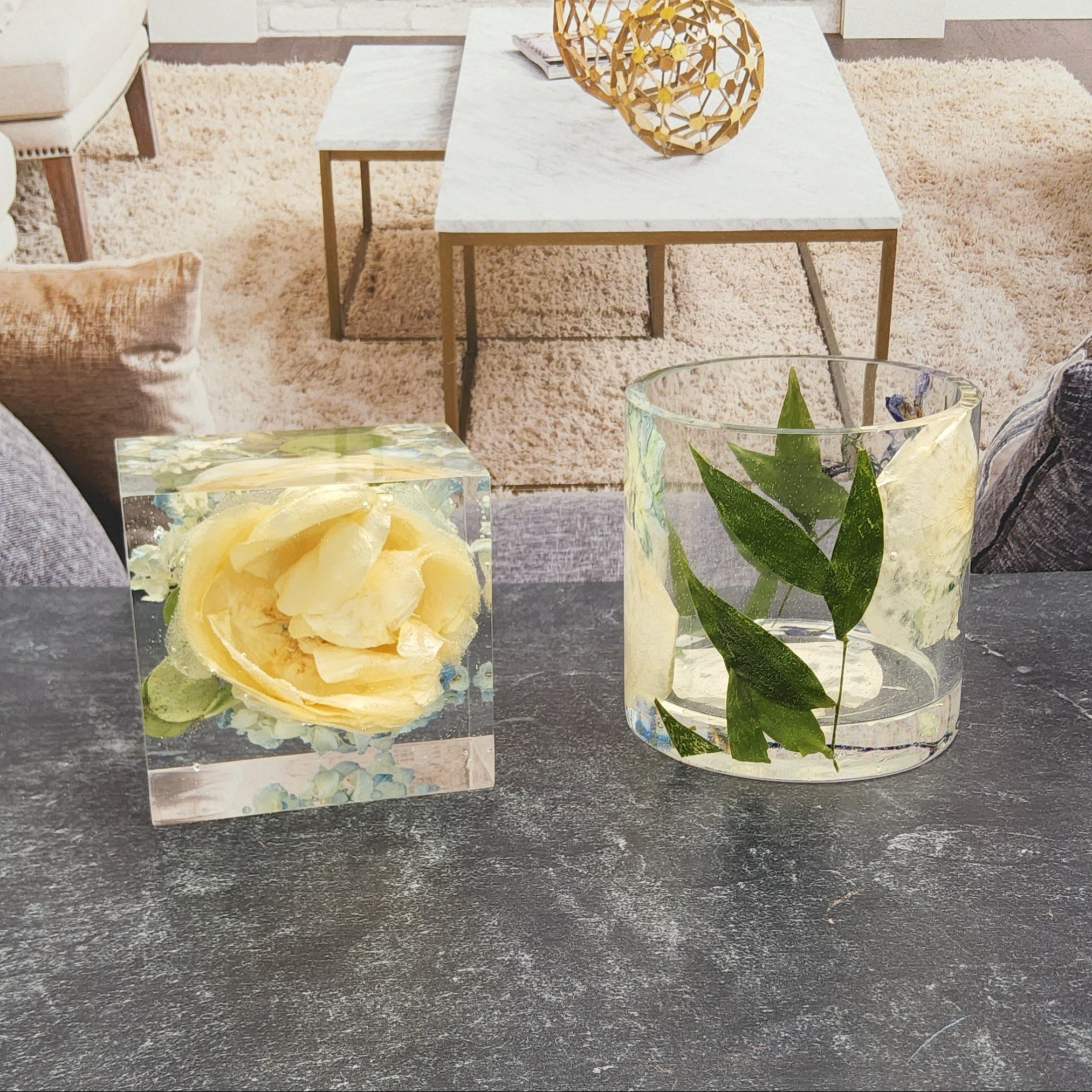 Wedding Flower Preservation 3x3 Cube with White Bouquet and Blue Hydrangea